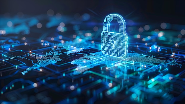 Koncepcja bezpieczeństwa cybernetycznego Niebieski symbol blokady punkt łączący sieć na niebieskim tle Światowa mapa bezpieczeństwa danych połączeń