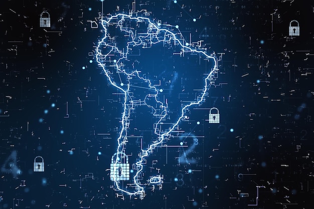 Koncepcja bezpieczeństwa sieci ze świecącą cyfrową mapą Ameryki Południowej na abstrakcyjnym ciemnym tle