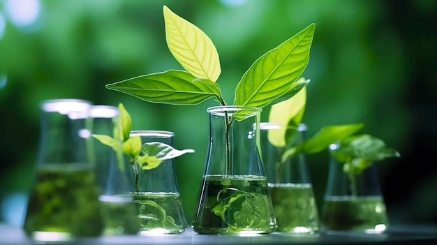 Koncepcja biotechnologii z zielonymi roślinami pozostawia szkło laboratoryjne i prowadzi badania ilustrujące potężne połączenie natury i nauki w postępie medycznym AI Generative