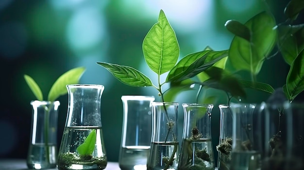Zdjęcie koncepcja biotechnologii z zielonymi roślinami pozostawia szkło laboratoryjne i prowadzi badania ilustrujące potężne połączenie natury i nauki w postępie medycznym ai generative