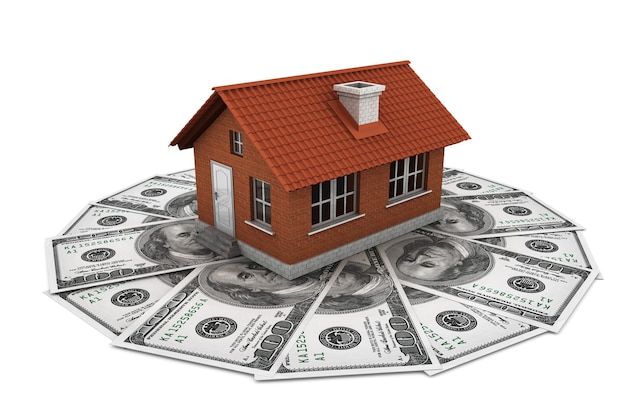 Zdjęcie koncepcja biznesowa nieruchomości. banknoty dolarowe z ceglanym domem na białym tle
