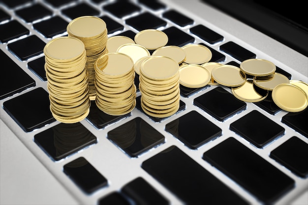 Koncepcja biznesowa online z renderowaniem 3d złotych monet na klawiaturze