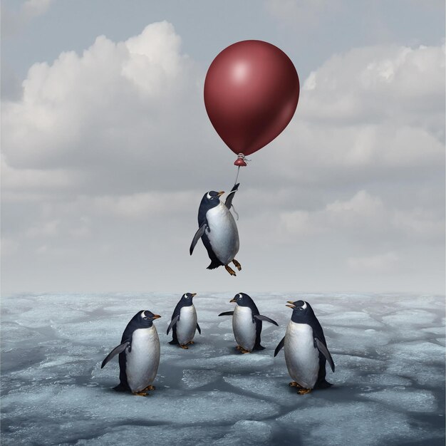 Koncepcja biznesowa przewagi i metafora innowacji w zakresie przywództwa jako grupa pingwinów stojących na lodzie