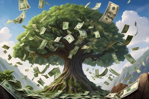 Zdjęcie koncepcja biznesowa rozwoju inwestycji i finansów biznesmen wrzuca monetę do doniczki i podlewa zielone drzewo pieniędzy