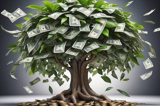 Koncepcja biznesowa rozwoju inwestycji i finansów Biznesmen wrzuca monetę do doniczki i podlewa zielone drzewo pieniędzy