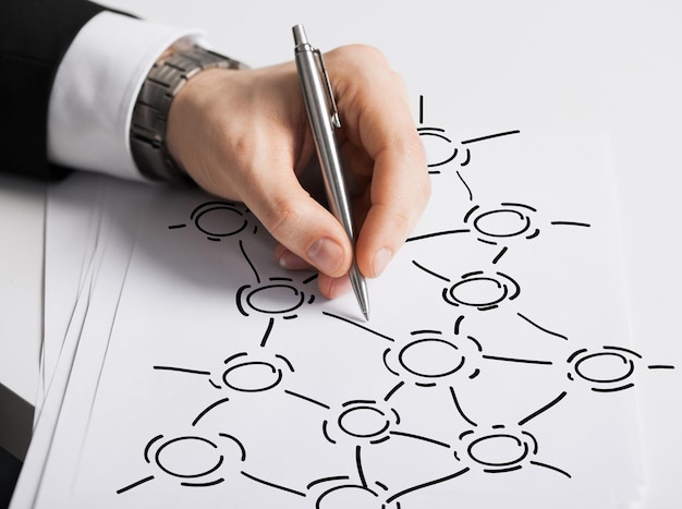 Zdjęcie koncepcja biznesu, marketingu, planowania i ludzi - zbliżenie męskiej dłoni z wykresem rysowania piórem na białym papierze