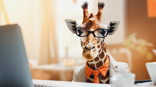 Zdjęcie koncepcja biznesu to żyrafa w garniturze biznesowym z żółtym krawatem