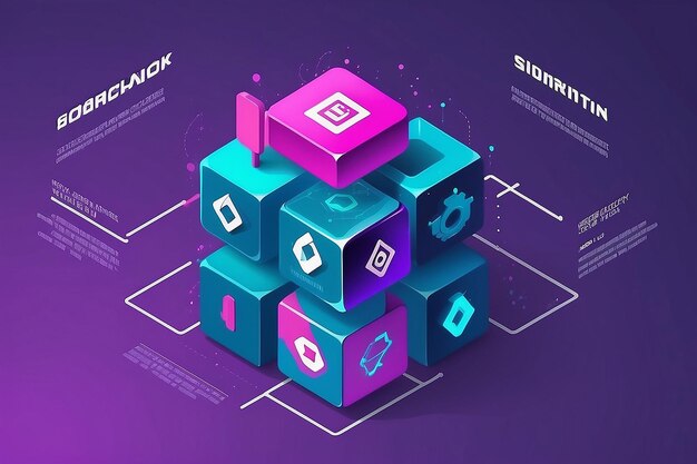 Koncepcja blockchain slider banner projekt z izometrycznych bloków łańcuch ilustracji i ilustracji wektorowej tekstu