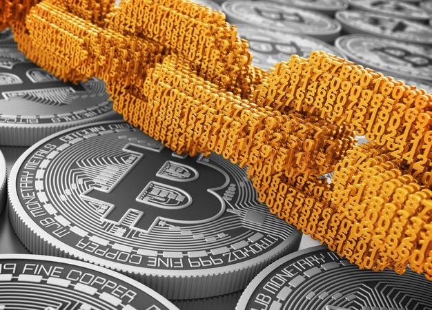 Zdjęcie koncepcja blockchain złota cyfrowy łańcuch połączonych ze sobą liczb 3d na srebrnych bitcoinach