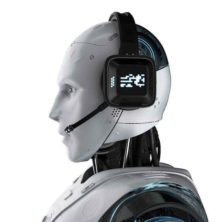 Zdjęcie koncepcja bota czatu z renderowaniem 3d humanoidalnego robota z zestawem słuchawkowym
