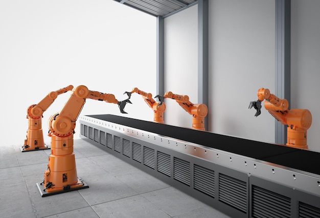 Koncepcja branży automatyzacji z linią montażową robota w fabryce