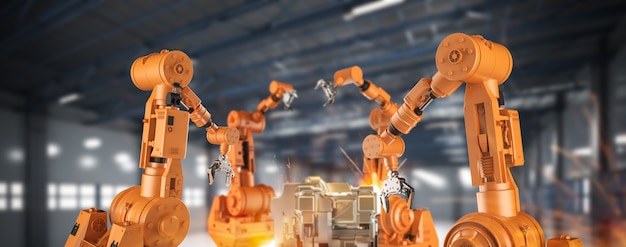 Koncepcja Branży Automatyzacji Z Linią Montażową Robotów Renderujących 3d W Fabryce