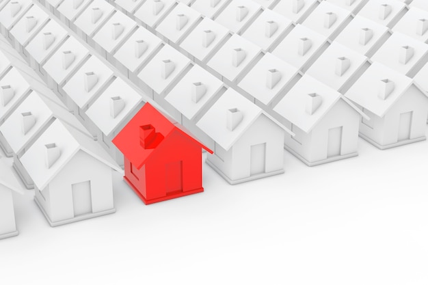 Koncepcja branży nieruchomości nieruchomości. Czerwony dom wśród białych domów na białym tle. Renderowanie 3D