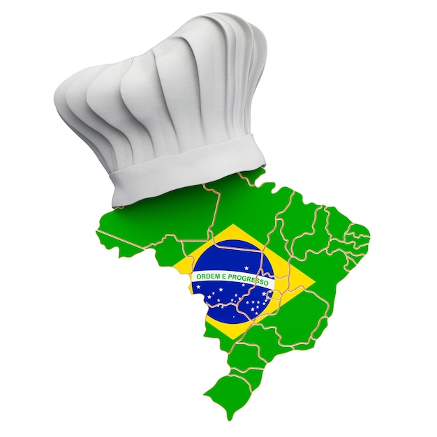 Koncepcja brazylijskiej kuchni narodowej Kapelusz szefa kuchni z mapą Brazylii renderowania 3D