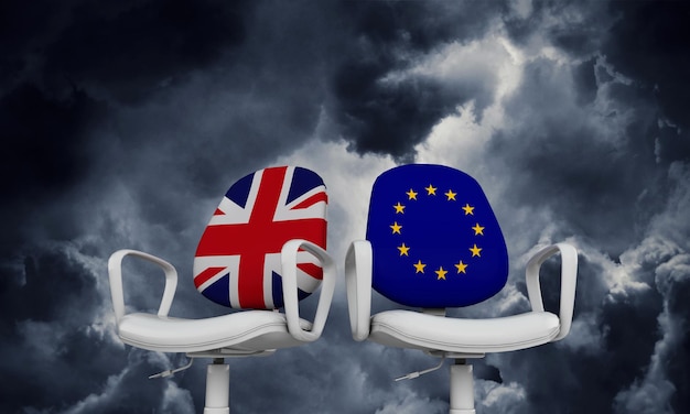 Koncepcja Brexitu Union Jack i krzesła Unii Europejskiej Renderowanie 3D