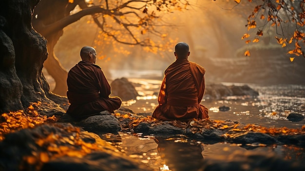 Koncepcja buddyjska dwóch mnichów w medytacji pod drzewem z światłem słonecznym
