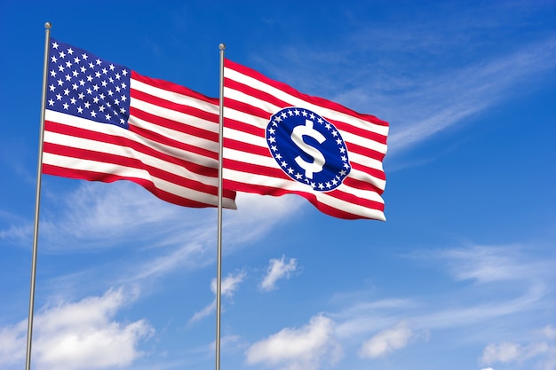 Koncepcja budżetu, finansów i nacjonalizmu - zbliżenie flagi amerykańskiej i znak dolara. Renderowanie 3D