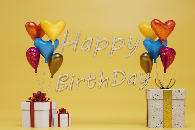 Koncepcja celebrowania urodzinowych prezentów balonów w kształcie serc i urodzinowego napisu 3D render
