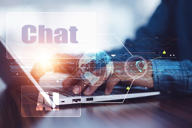 Koncepcja ChatGPT Ludzie korzystający z komputera Widok z boku piszący na klawiaturze laptopa ChatGPT Czat z AI lub sztuczną inteligencją Koncepcja ChatGPT