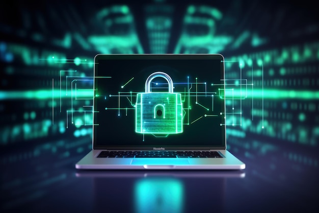Koncepcja cyberbezpieczeństwa i ochrony danych z kłódką przed laptopem Generatywna sztuczna inteligencja