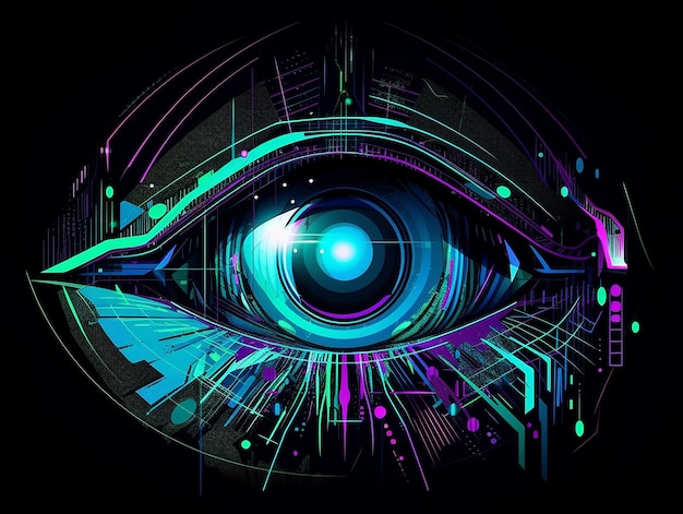 Koncepcja cyberbezpieczeństwa skanera oka Neonowa ilustracja w stylu futurystycznym i technologicznym Generative AI
