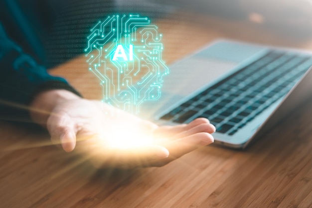Koncepcja cyfrowej technologii informacyjnej Biznesmen dotyka ikony sztucznej inteligencji Chatbot i koncepcja AI