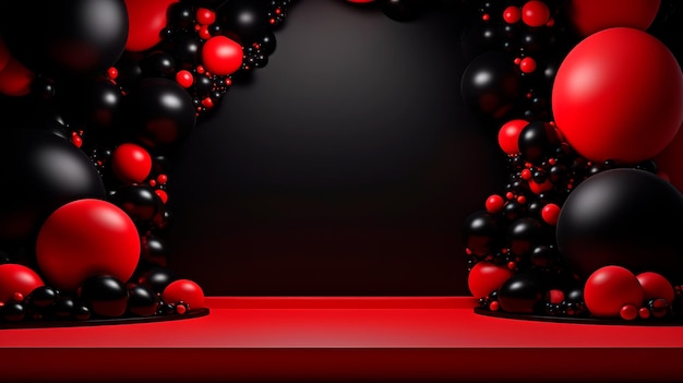 Koncepcja Czarnego Piątku z czerwonymi i czarnymi kulami na czerwonej powierzchni i czarnym tle