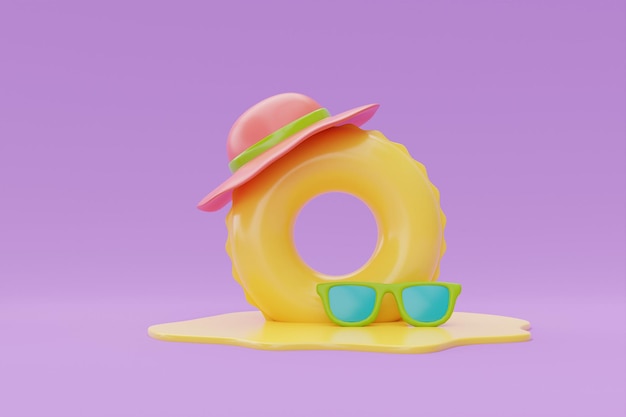 Zdjęcie koncepcja czasu letniego z nadmuchiwanym pierścieniem i kolorowymi elementami letniej plaży renderowania 3d