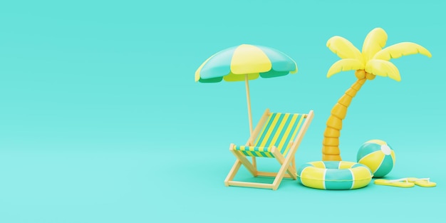 Koncepcja czasu letniego z plażowym parasolem nadmuchiwanym pierścieniem i palmami kokosowymi wakacje i wakacje renderowania 3d