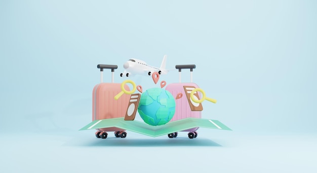 Koncepcja czasu podróży w stylu kreskówek 3D z walizką i samolotem rendering 3D