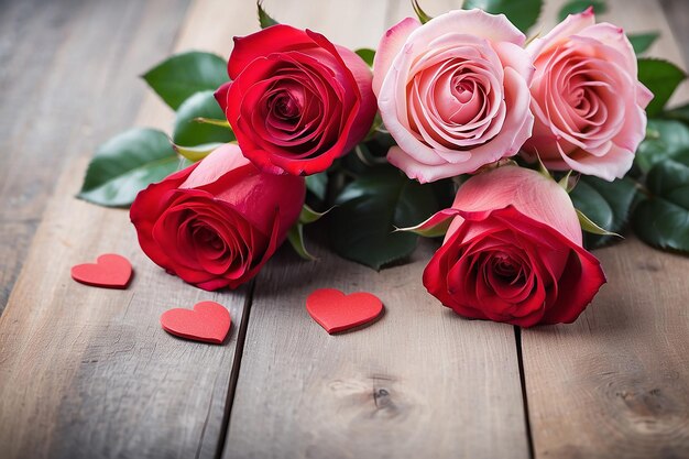 Koncepcja czerwonych róż na drewnianym stole
