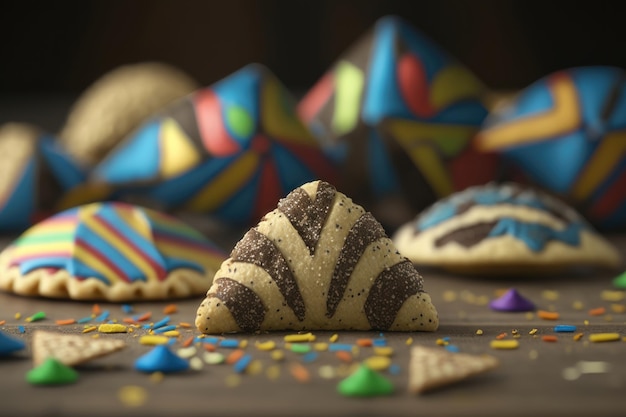 Koncepcja dekoracji karnawałowej Happy Purim z tradycyjną generacją sztucznej inteligencji Hammentashen