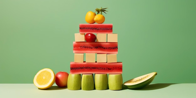 Zdjęcie koncepcja diety równowagi równowagi żywności równoważenie piramidy lub wieży owoców generacyjna sztuczna inteligencja