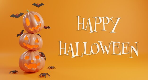 Koncepcja Dnia Halloween śliczny Nietoperz Z Dyni I Pająk Renderowania 3d