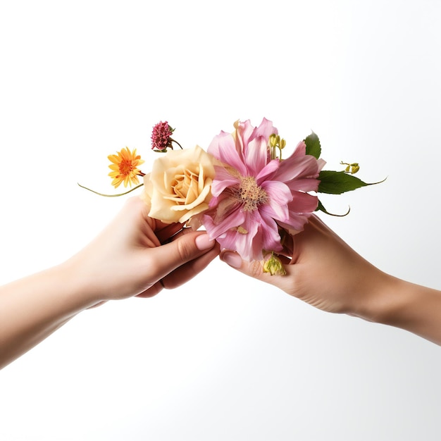 Koncepcja Dnia Kobiet z dwoma rękami trzymającymi kwiaty na białym tle
