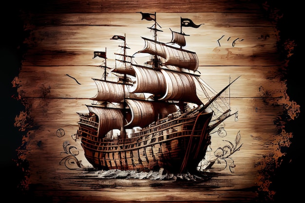 Koncepcja dnia Kolumba ze starym statkiem na drewnianym tle Generatywne Ai
