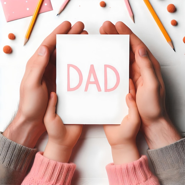 Zdjęcie koncepcja dnia ojca ręce dziecka przekazują ojcu kartkę z życzeniami na dzień ojca