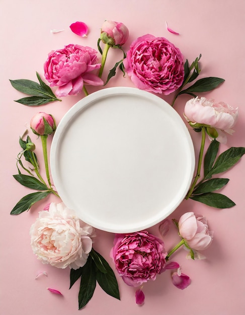 Koncepcja Dnia Świętego Walentynki Zdjęcie z góry białego pustego kręgu i różowych kwiatów wiosennych