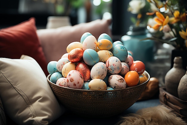 Koncepcja dnia wielkanocnego w salonie z króliczkami słodyczami lub kolorowymi dekoracyjnymi jajkami Święto Wielkanocne