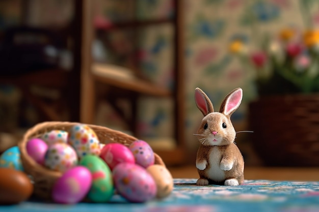 Koncepcja dnia wielkanocnego w salonie ze słodyczami króliczka lub kolorowymi dekoracyjnymi jajkami Święto Wielkanocy