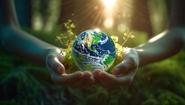 Koncepcja Dnia Ziemi Ręce trzymające planetę Ziemię w bujnym zielonym środowisku z światłem słonecznym