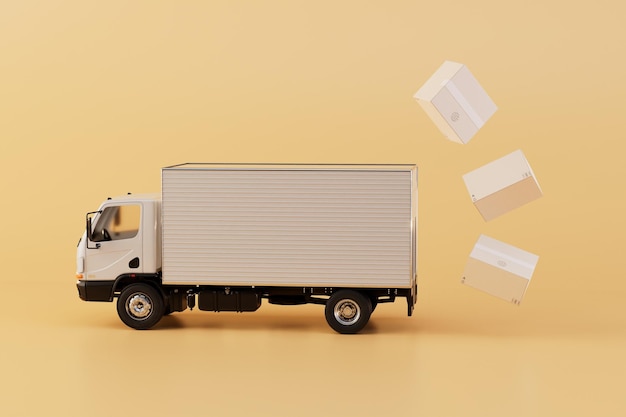 Koncepcja dostawy paczek na duże odległości ciężarówka, z której paczki wylatują renderowanie 3D