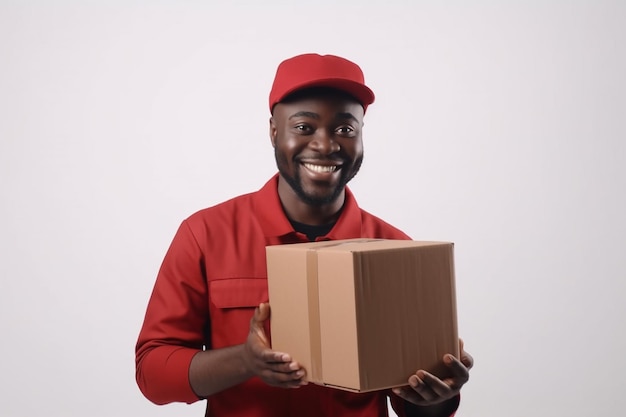 Koncepcja dostawy Portret szczęśliwego Afroamerykanina dostawy w czerwonym mundurze trzymającego pudełko Pojedynczo na białym tle miejsca kopiowania generatywne AI