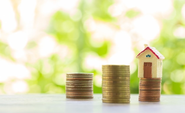 Koncepcja Drabiny Nieruchomości, Stosu Domu I Monet Do Oszczędzania Na Zakup Domu