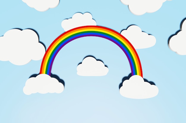 Koncepcja dumy LGBT. Streszczenie tło z LGBT tęczy i inny kształt białe płaskie chmury z cieniami na niebieskim niebie. Kreatywny układ. Kopiowanie przestrzeni, renderowanie 3d