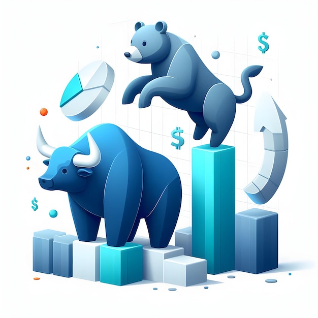 Koncepcja dynamiki rynku akcji 3D Flat Icon jako abstrakcyjne sylwetki byka i niedźwiedzia z białym tłem
