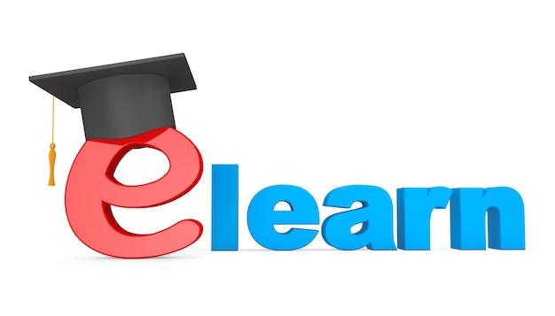 Koncepcja e-learningu. Graduation Hat nad literą E na białym tle