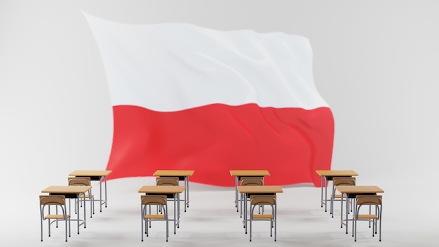 Koncepcja edukacji. 3D biurka i flaga Polski na białym tle.