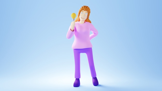 Koncepcja edukacji. 3d kobiety i żarówki na niebieskiej powierzchni.