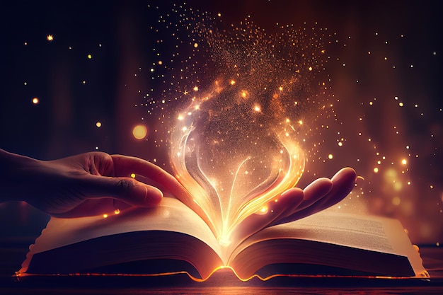 Koncepcja edukacji i książki z bliska ręka trzymająca otwartą książkę z magicznymi światłami Generative Ai